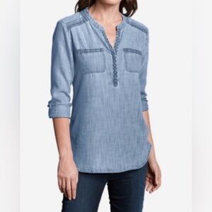 Eddie Bauer Women's Chambray Denim Embroidered Tunic Top Western Blue Small
